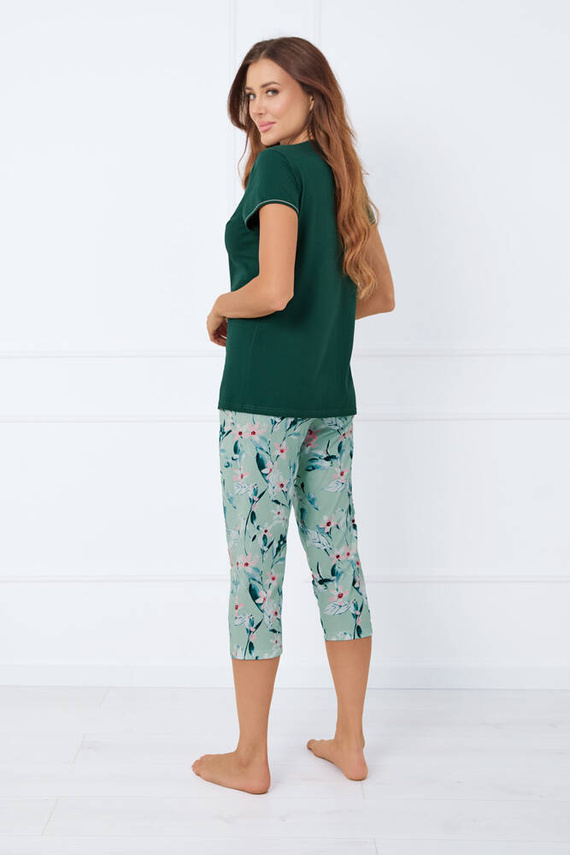Florisa Damen Schlafanzug mit kurzen Ärmeln, 3/4 Hose Italian Fashion - dunkelgrün/print