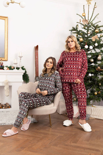 Island Fleece Damen Set Italienische Mode - burgunderfarbener Druck 