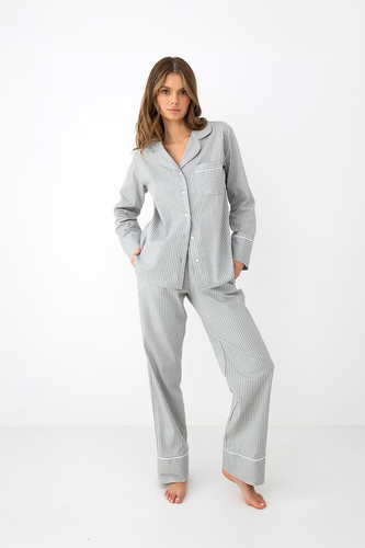 Sensis Imani graue Damen-Baumwoll-Pyjama mit Knöpfen und feinen Streifen