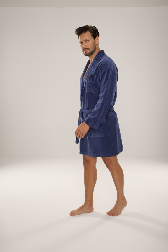866 Noble Men's De Lafense Velour Bademantel - kurz, elegant, Baumwolle - Denim