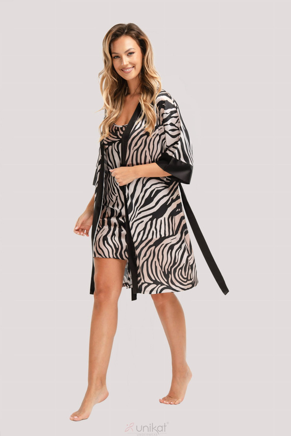 Braga Einzigartiger Satin-Bademantel – Zebra, elegant, mit Gürtel