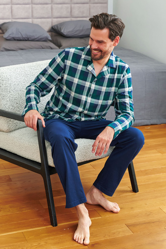 Doctor Nap 7367 – Baumwollpyjama für Herren mit kariertem Hemd | 100 % Baumwolle, polnische Produktion – Smaragd