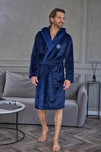 L&L 2663 Active Herren Bademantel lang mit Kapuze weich Navy