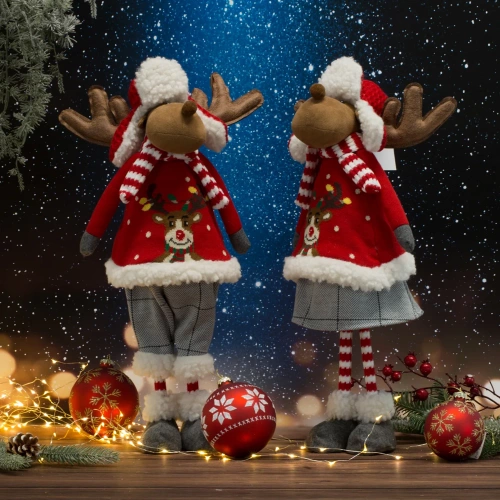 92B Weihnachts-Rentierfigur im Winteroutfit aus weichen Stoffen, rote Euro-Vorhänge
