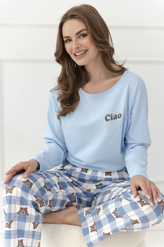 Damen-Pyjama Taro Freja 3631 Blau 100% Baumwolle Langarm mit Bärmotiv