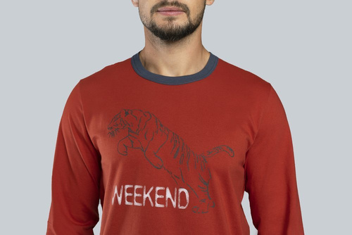 Lion Herren Schlafanzug mit langen Ärmeln, Hose Italian Fashion - rot/graphit