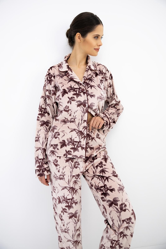Sensis Thalia Damen Velours-Pyjama mit Knöpfen, lang, rosa