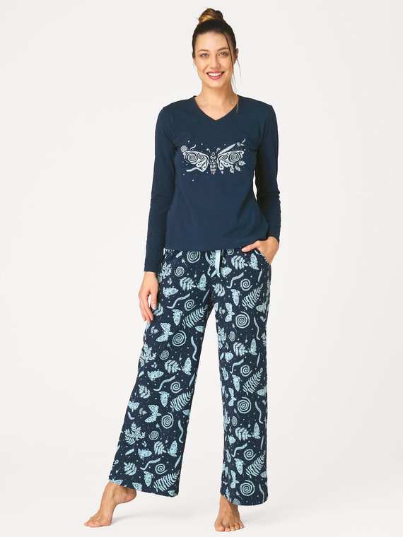 Damenpyjama Key LNS 534 lang aus Baumwolle in Marineblau mit Taschen