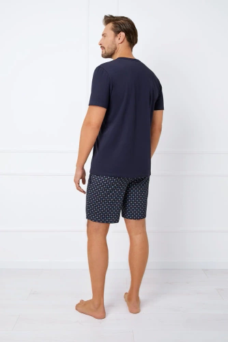 Rajmund Herren Kurzarm-Pyjama, Shorts Italian Fashion - navy blau/print
