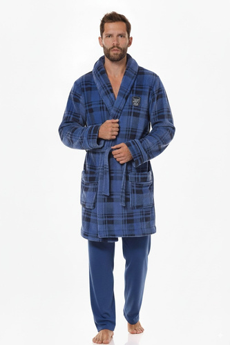 2456 BJ L&L Marineblauer Herrenbademantel – weich, kariert mit Kragen