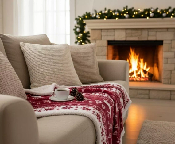 Burgunderrote Weihnachtsdecke von SACO – weich und warm mit Rentieren und Weihnachtsbäumen in einer dekorativen Tasche