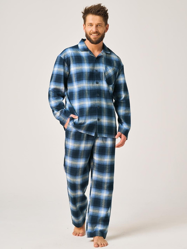 Herren-Pyjama Key MNS 432 Jeans Flanell 100% Baumwolle lang mit Knöpfen