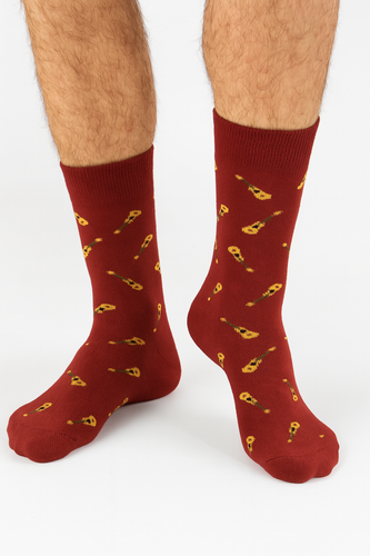 Herrensocken Milena Avangard 0125-122 – Kleine Gitarren | Baumwolle, druckfrei, polnische Produktion – Burgunderrot
