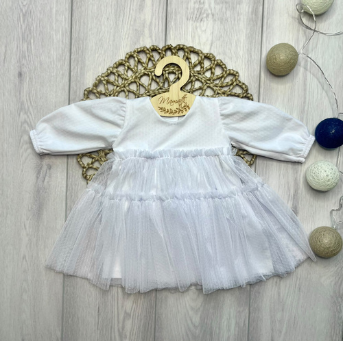 Mädchenkleid Mamatti SZ350 aus Baumwolle mit Tüll, langärmlig – weiß