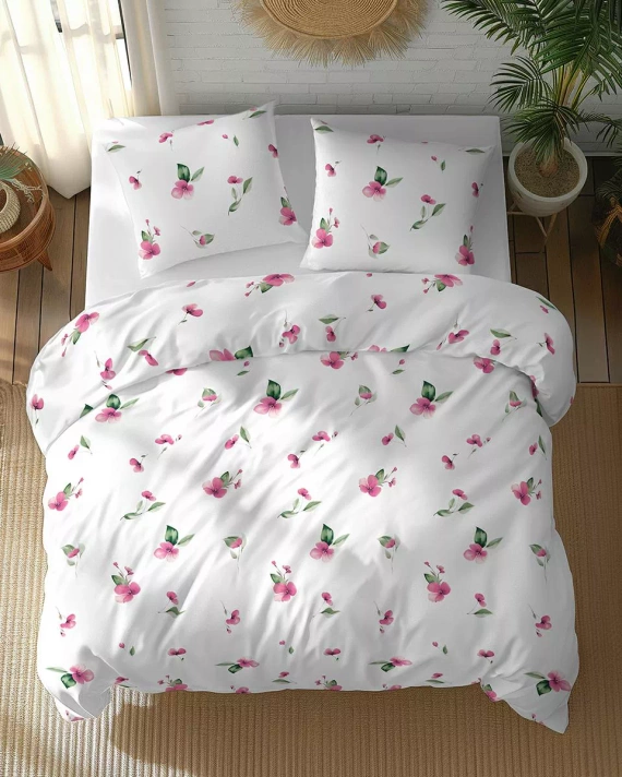5769 A Cotton Bloom Detexpol weiße Baumwollbettwäsche mit rosa Blüten und grünen Blättern – 100 % Baumwolle, doppelseitig, polnische Produktion