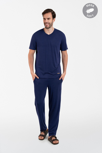 Akord Herren Schlafanzug mit kurzen Ärmeln, lange Hose Italienische Mode - navy blau