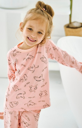 3490, 3491 Mandy Taro Mädchenpyjama, rosa – Baumwolle, Kätzchen, lange Ärmel
