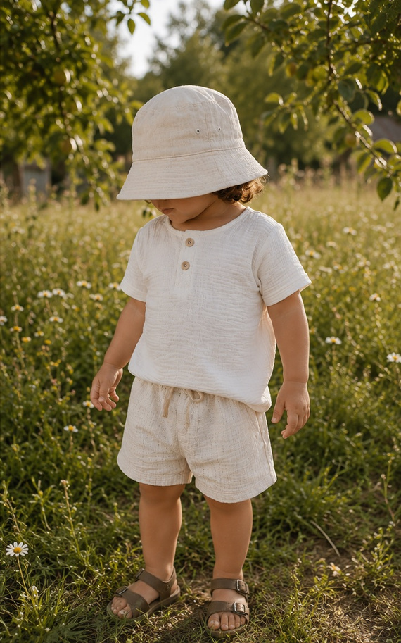 BL55102 Mamatti Weißes Musselin Polo-Shirt mit kurzen Ärmeln und Knöpfen