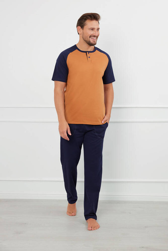 Alexander Herren Kurzarm-Pyjama, lange Hose Italian Fashion - cognac/grenade