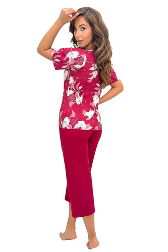 Damen-Pyjama Donna Brigitte Bordeaux Viskose Kurzarm 3/4-Hose