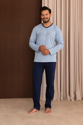 Herren-Pyjama Regina 6010 100% Baumwolle Langarm Bequem Für Ganzjährig Blau