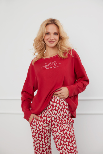 Evora Damen Schlafanzug langarm, lange Hose Italian Fashion - rot/print