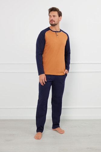 Alexander Herren Schlafanzug langarm, lange Hose Italian Fashion - cognac/grenade