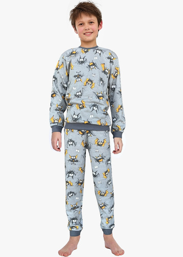 Jungenpyjama Cornette Bat 2 264/182, 263/182 grau – Baumwolle, lange Ärmel, Fledermausmuster
