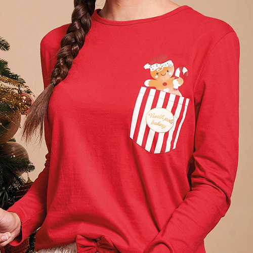 Gretel Sorbetto Damen-Pyjama rot – Weihnachten, lange Ärmel, Lebkuchen-Aufdruck