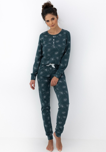 Ellison Damen-Pyjama Sensis, Grün - Baumwollpyjama mit langen Ärmeln und gerippten Bündchen