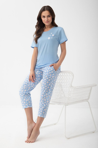 1301 Luna Damen Baumwollpyjama 3/4 Blumen weich bequem 100% Baumwolle