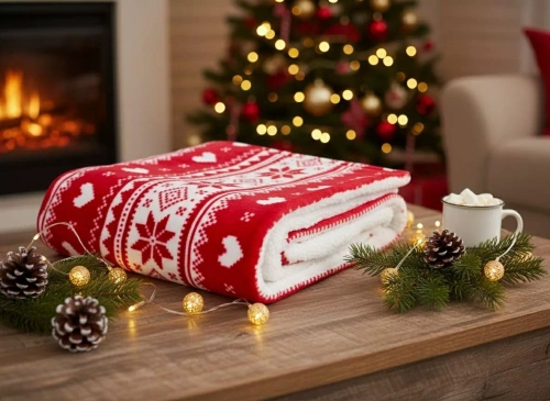 Rote SACO-Weihnachtsdecke – weich und warm mit norwegischem Schneeflockenmuster in einer dekorativen Tasche