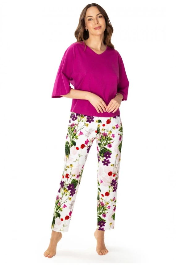 86668 Nataly Damenpyjama Möwe dunkelrosa Blumen