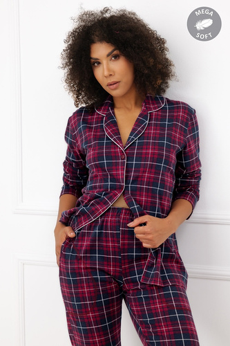 Italian Fashion Alana Damen Baumwoll-Pyjama lang, zum Knöpfen, kariert