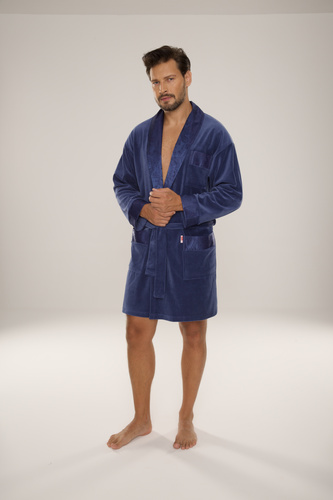 866 Noble Men's De Lafense Velour Bademantel - kurz, elegant, Baumwolle - Denim