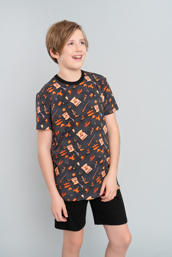 Western Jungen Schlafanzug kurzarm, Hose Italian Fashion- graphit/schwarz