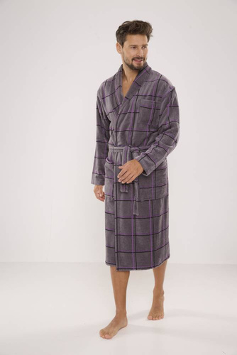 803 / 819 Twin Forex Frottee-Morgenmantel für Herren - grau mit lila Karos (grau kariert)