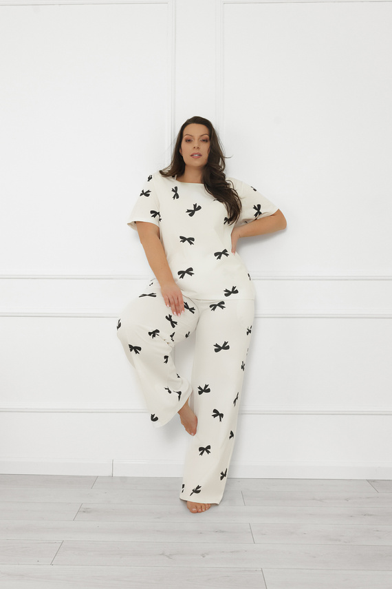 Damenpyjama Figaro - ecru, Baumwolle, kurze Ärmel + lange Hose Italian Fashion