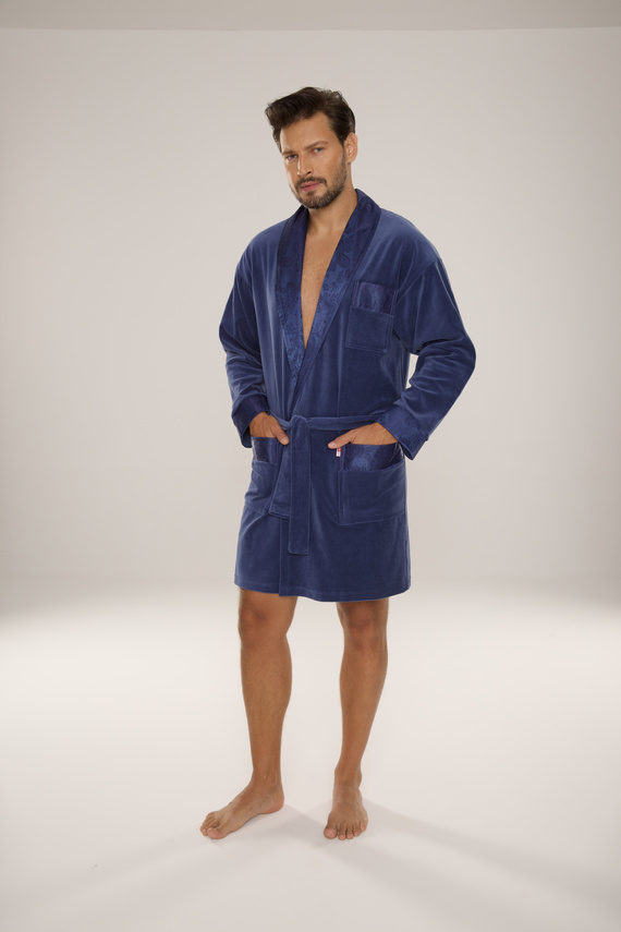 866 Noble Men's De Lafense Velour Bademantel - kurz, elegant, Baumwolle - Denim