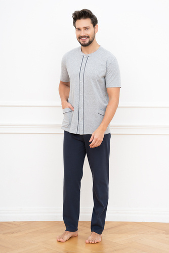 Alcest Herren Schlafanzug mit kurzen Ärmeln, lange Hose Italian Fashion - navy blue