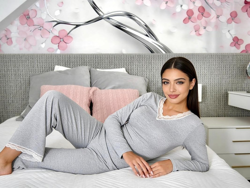 Donna Megi Long graue Damen-Pyjama mit langem Arm und Hose, Spitze