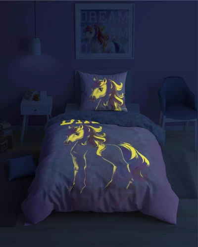 5208 A Fluo 40 Baumwollbettwäsche, die im Dunkeln leuchtet, Einhorn Detexpol