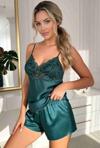 Donna Mela 1/2 Damen-Satin-Pyjama Grün mit Spitze und Blumenshorts