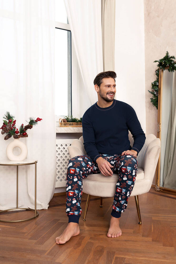 Rojas Herren Schlafanzug mit langen Ärmeln, lange Hose Italian Fashion - navy blau/print