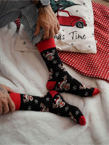 1290-033 Milena Herren-Weihnachtssocken – Lächelndes Rentier, Schwarz