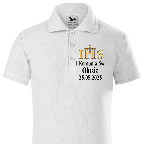 „Erste Heilige Kommunion mit Namen und Datum“ Moocha Kurzarm-Poloshirt, weiß