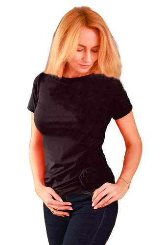 Lily Mirale Damenbluse aus Viskose – kurze Ärmel, dekorative Rose – Schwarz