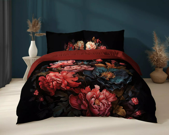 5116 A Holland Detexpol-Baumwollbettwäsche, schwarz, mit Pfingstrosenmotiv – 100 % Baumwolle, doppelseitig, polnische Produktion