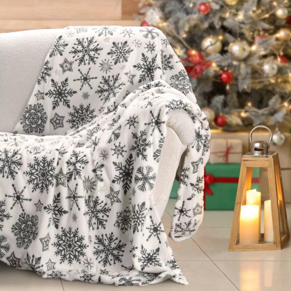 Eurofirany Weihnachtsdecke, Weiß, Marineblau, Schneeflocken – weicher Überwurf aus Mikrofaser, 240 g/m²