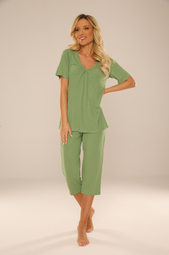 878 Dahlia Damen Schlafanzug De Lafense - Viskose, kurze Ärmel, 3/4 Hose - Salbei